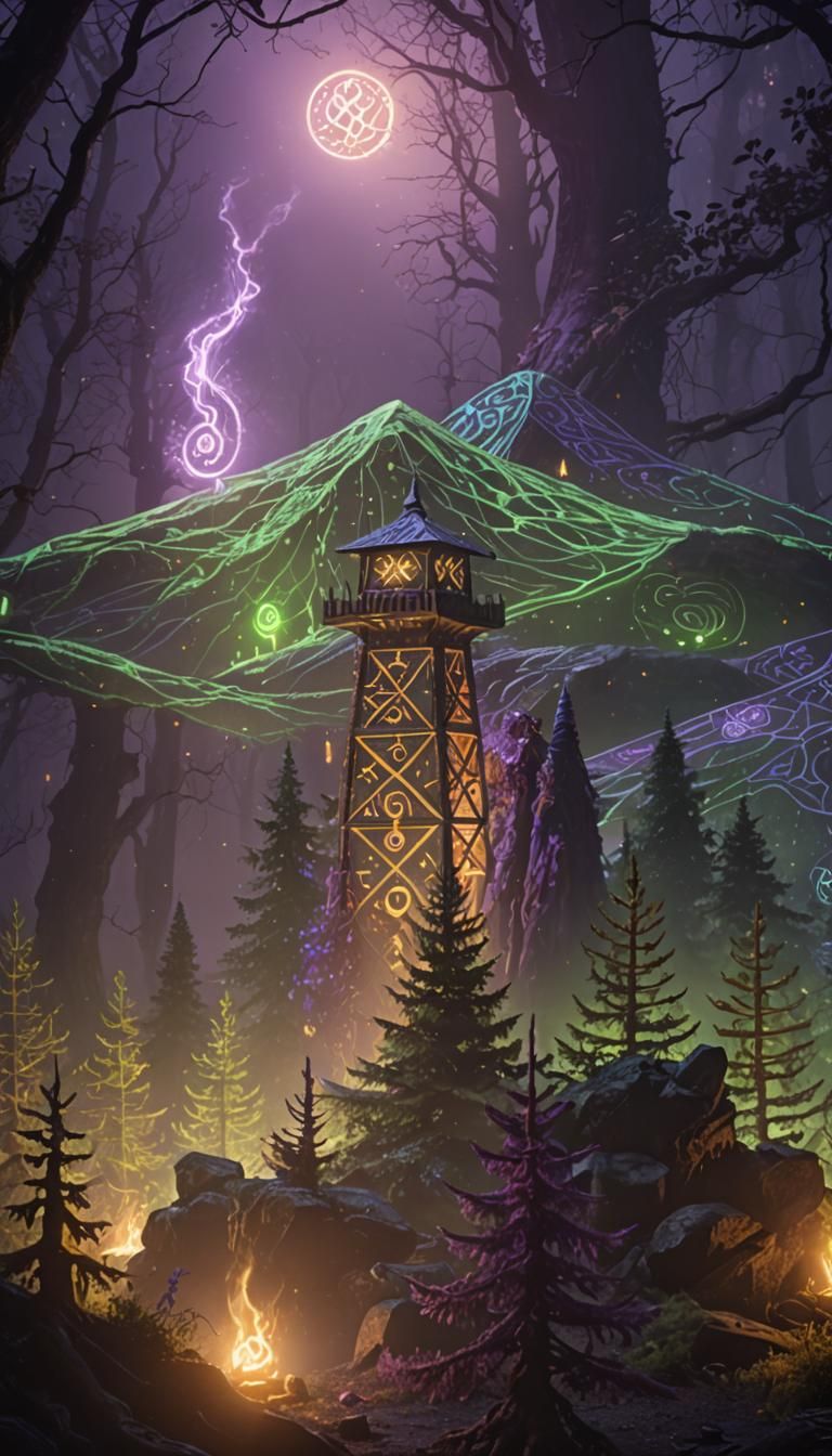 Mystical Dark Fantasy Scene with Glowing Runes and Wizard