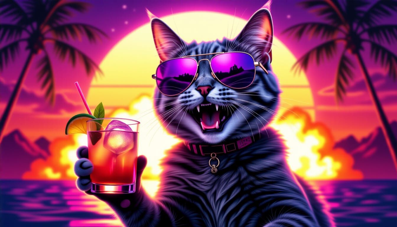 Cool Cat in Sunglasses with Fire Explosion