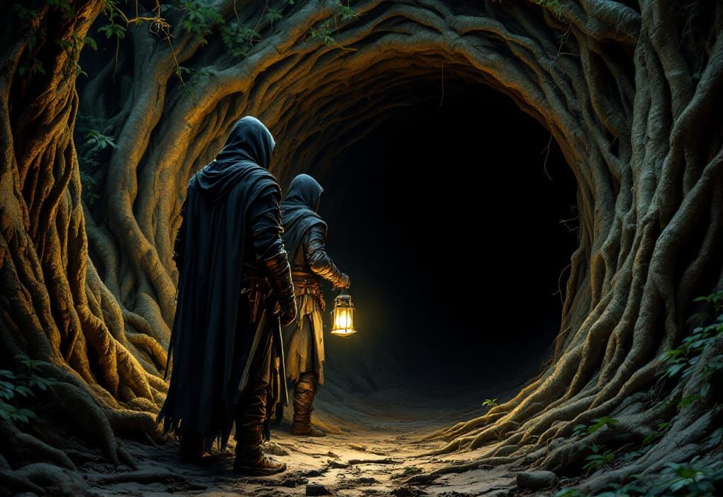 Vigilant Rangers Guarding a Dark Tunnel Entrance