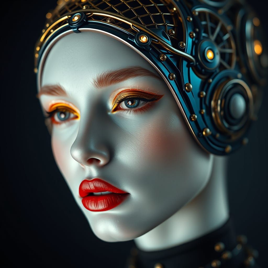 Radiant Woman in Metallic Blue and Gold Headpiece