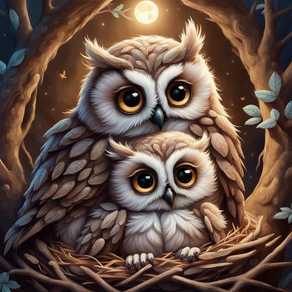 Owls on Nest in Fantasy Art Style