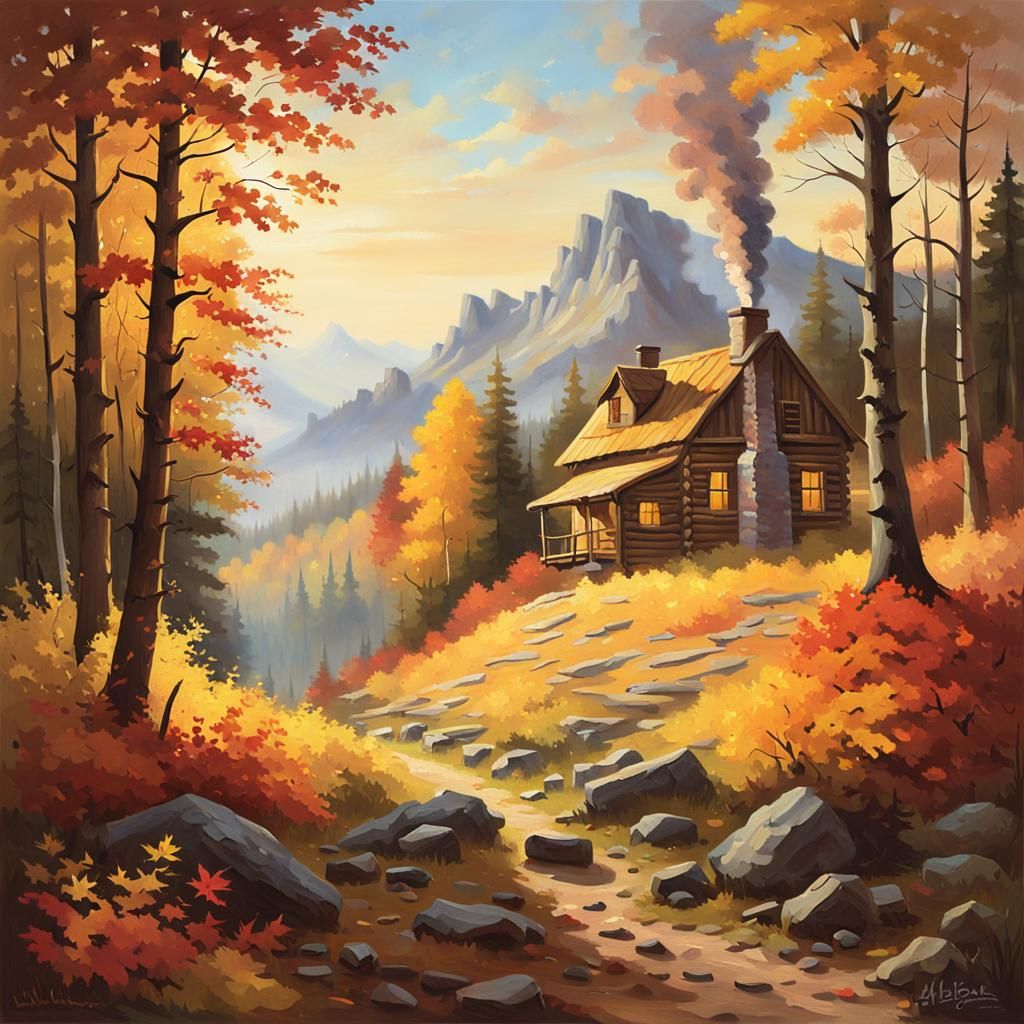 Autumn Cabin Landscape Painting in Bierstadt Style