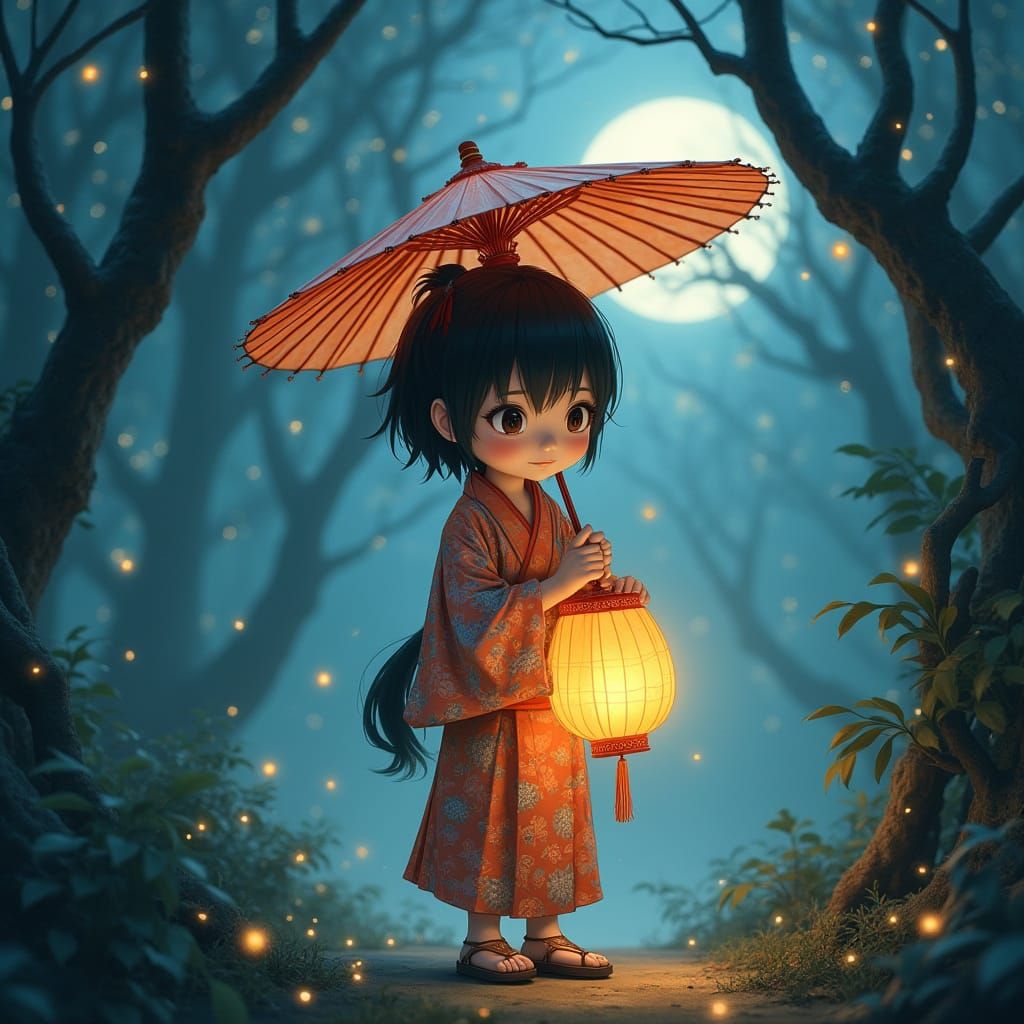 Enchanted Yokai Boy in Traditional Yukata and Geta Sandals i...