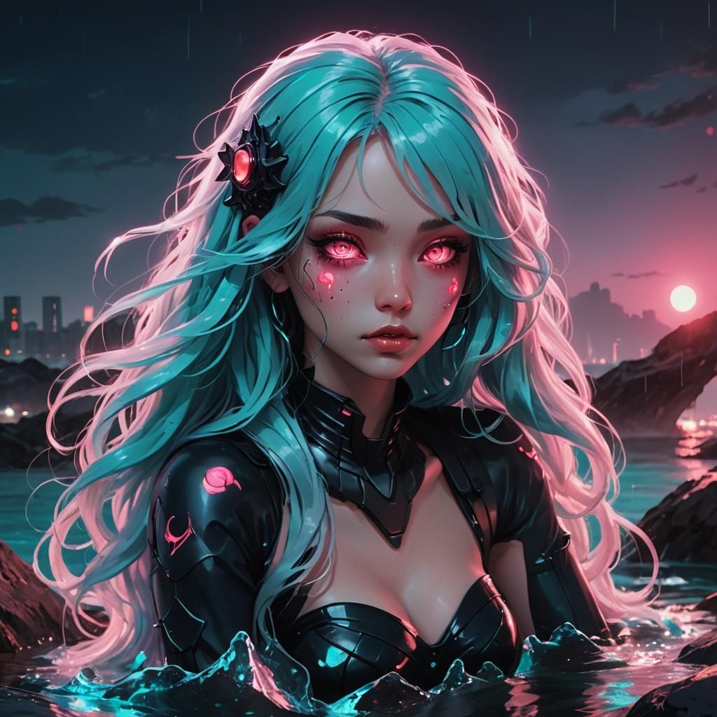 Angry Mermaid Cyborg in Cyberpunk Anime Style