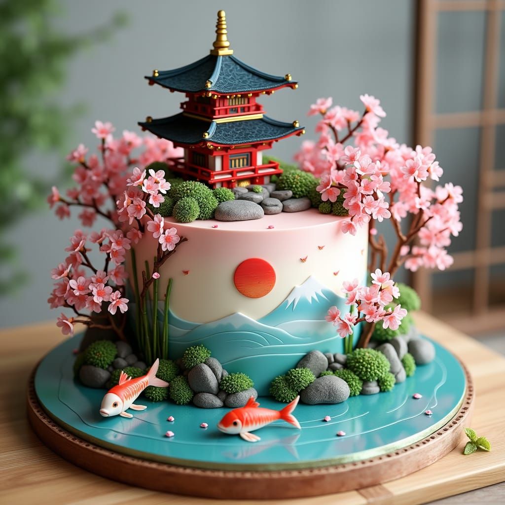 Japanese-Themed Cake with Cherry Blossoms and Pagoda