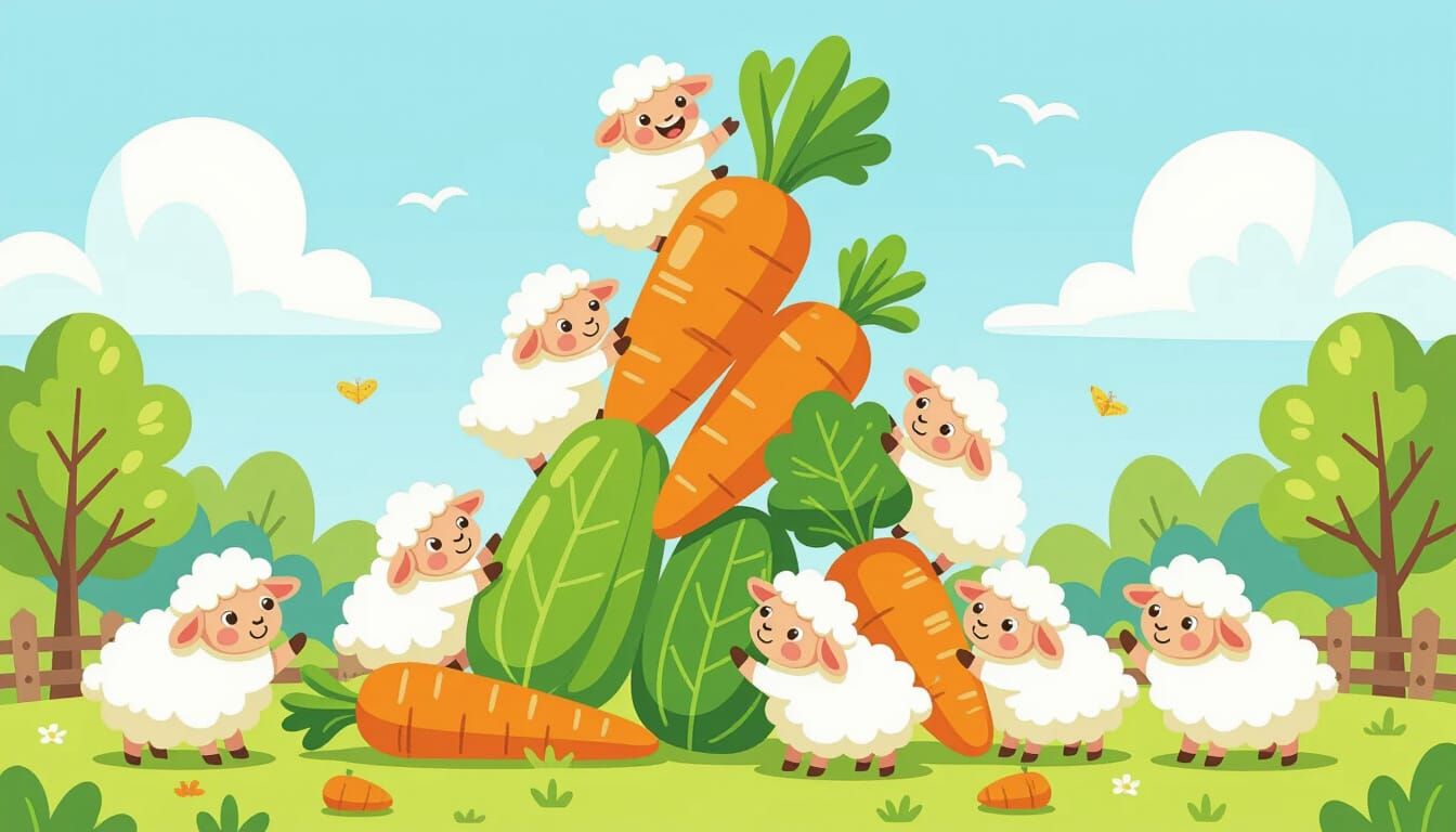 Fluffy Sheep Build Tower From Giant Vegetables