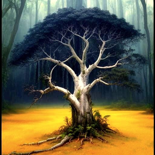 Vibrant Fantasy Landscape with Ancient Trees and Exotic Bloo...