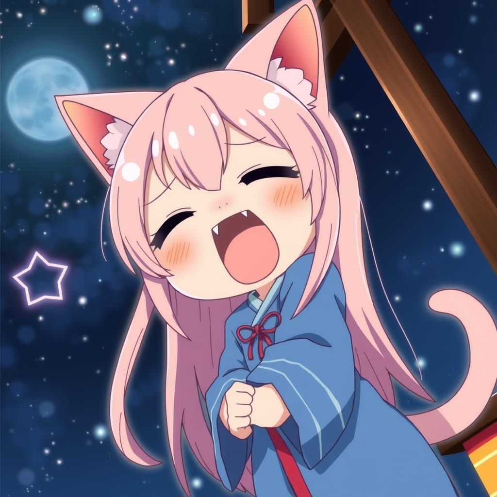 Cute Chibi Catgirl Yawning in Anime Style