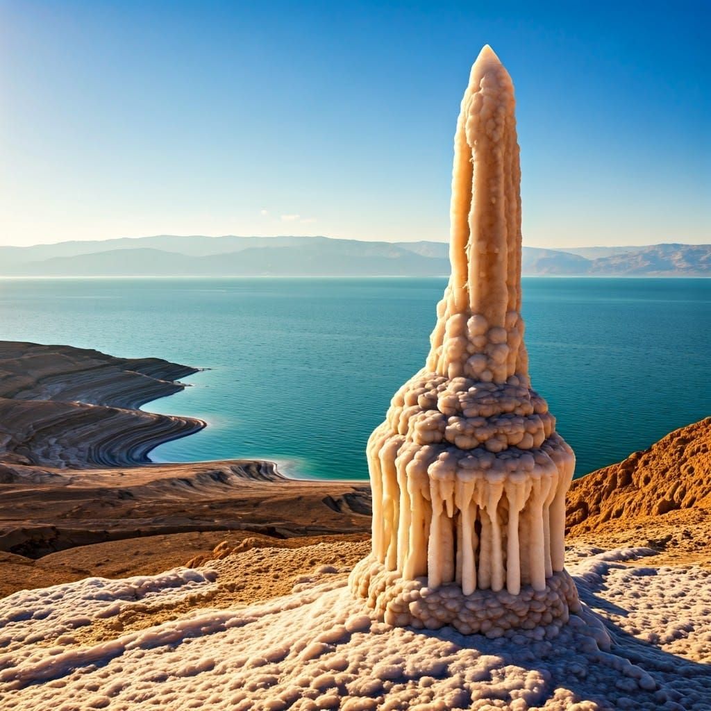 Salt Column Overlooking the Dead Sea in Photorealistic Style