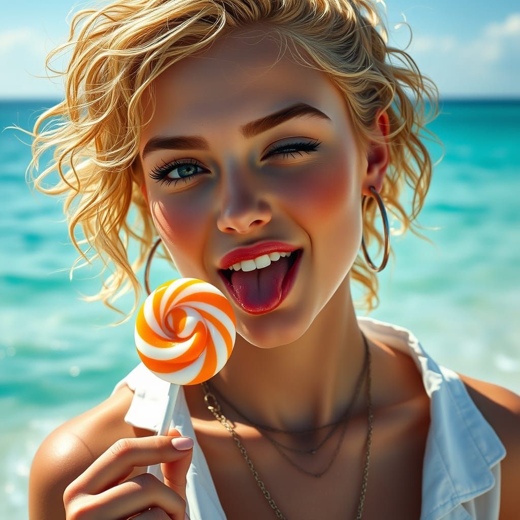 Woman Winking at Beach with Lollipop, Hyper-Realistic Digita...