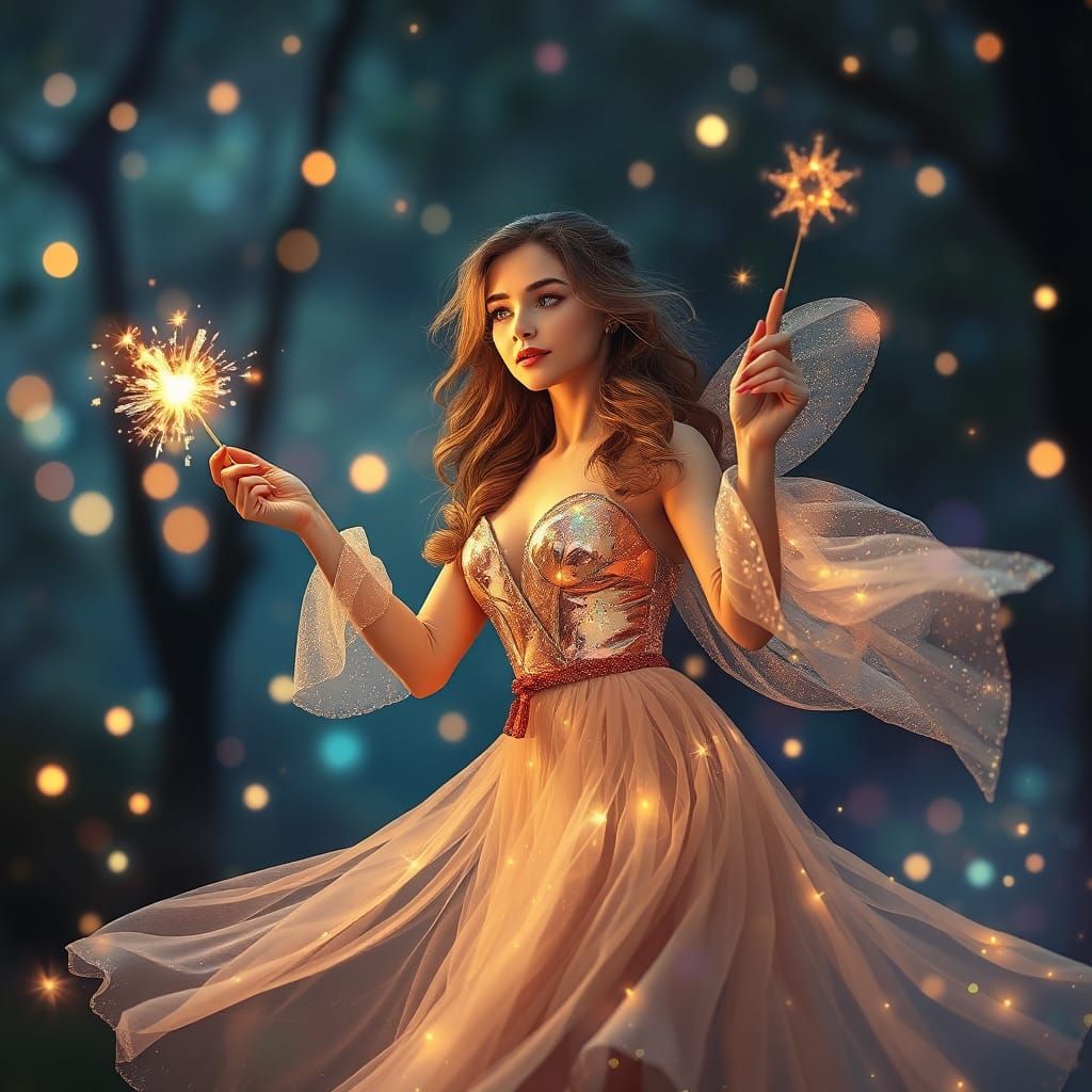 Whimsical Woman Waving Wand in Dreamy Scene