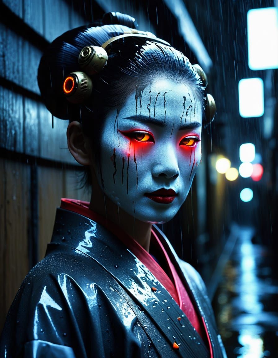 Cyborg Geisha in Rain-Slicked Alleyway, Cinematic Portrait