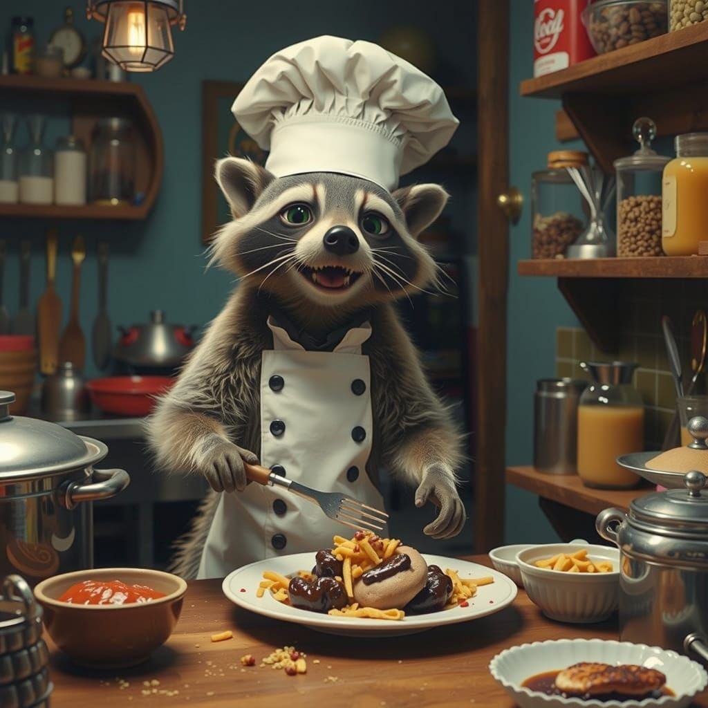 Cartoon Raccoon Chef Prepares Gourmet Meal