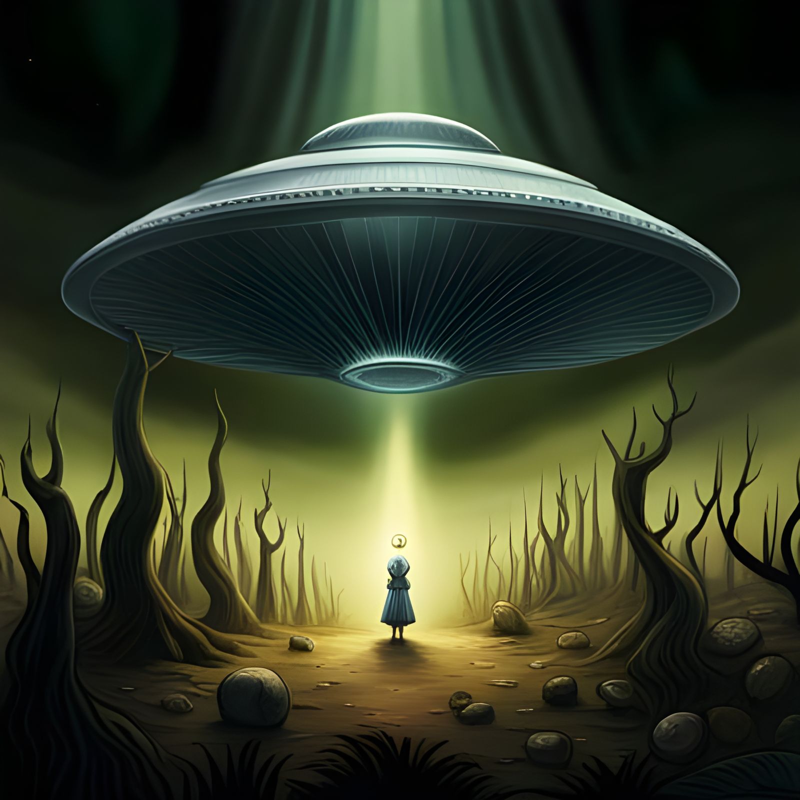 Eerie UFO Concept Art in Precisionist Style