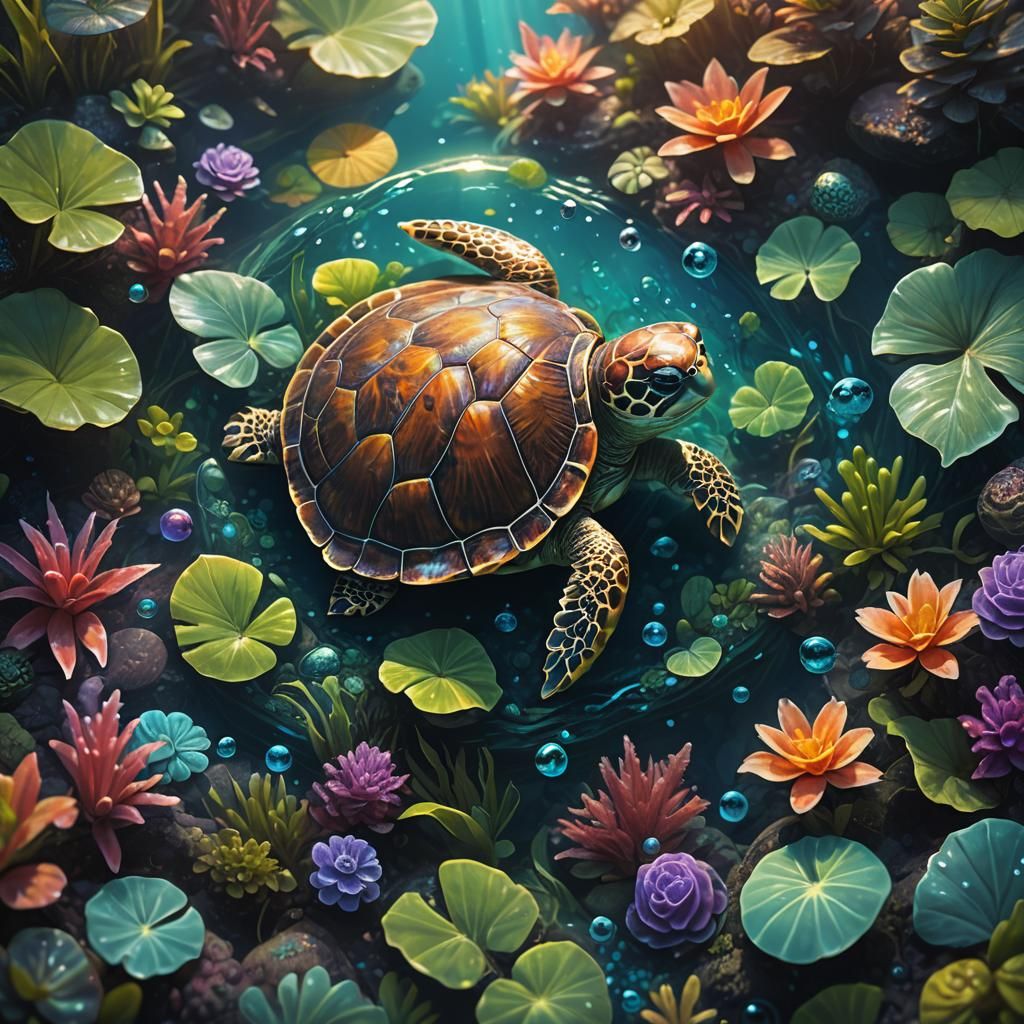 Cute Turtle in a Mysterious Underwater World