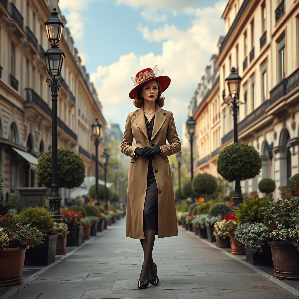 Elegant Woman in Paris-Inspired Cityscape, Photorealistic