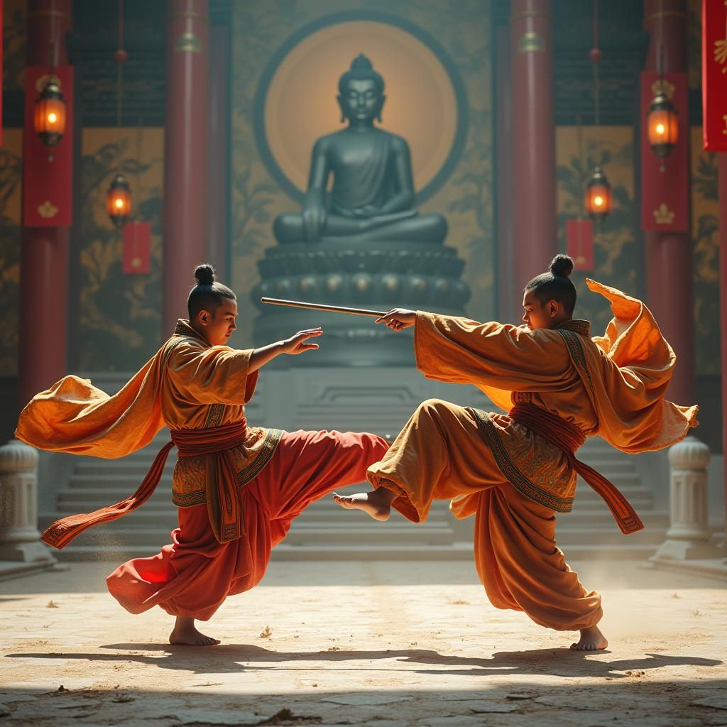 Shaolin Monks Sparring in Ancient Temple