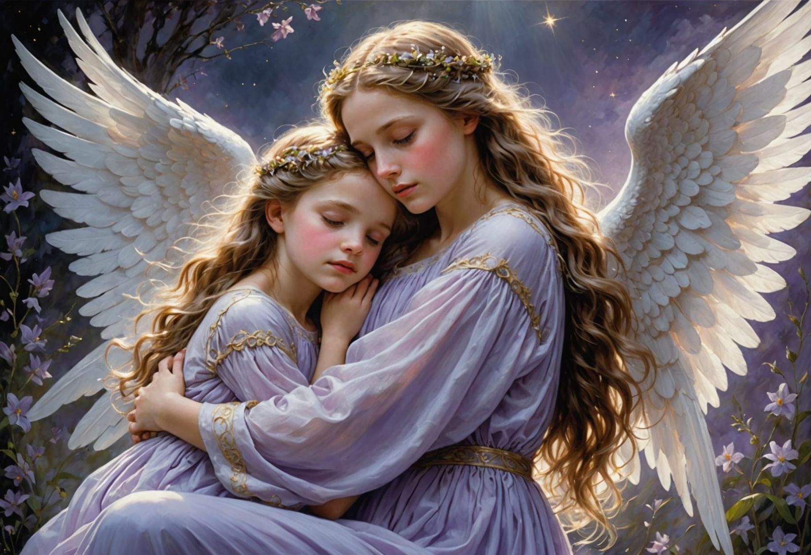 Guardian Angel Embraces Sleeping Child in Rose Sunset