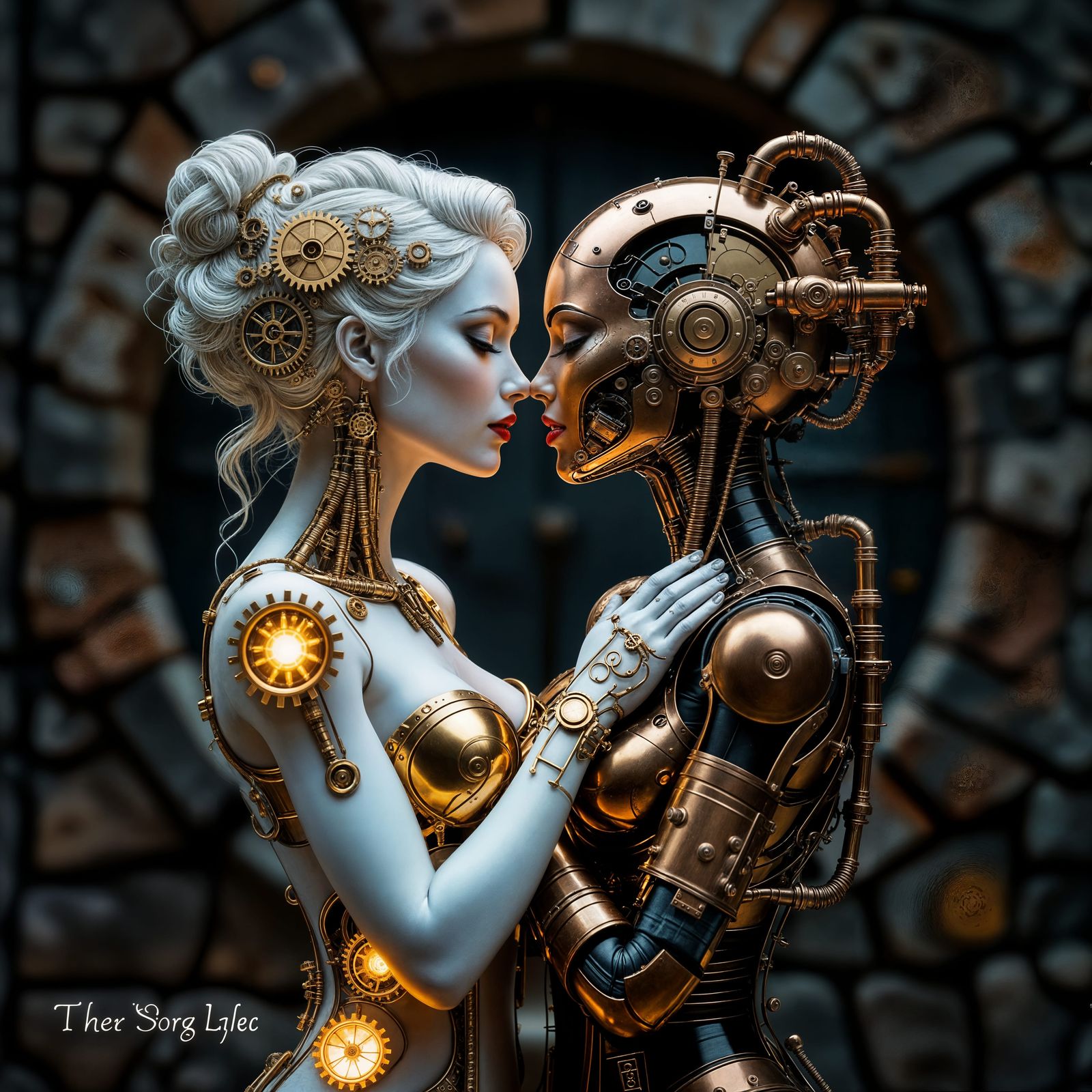 Steampunk Clockwork Lovers Embrace in Surreal Digital Art