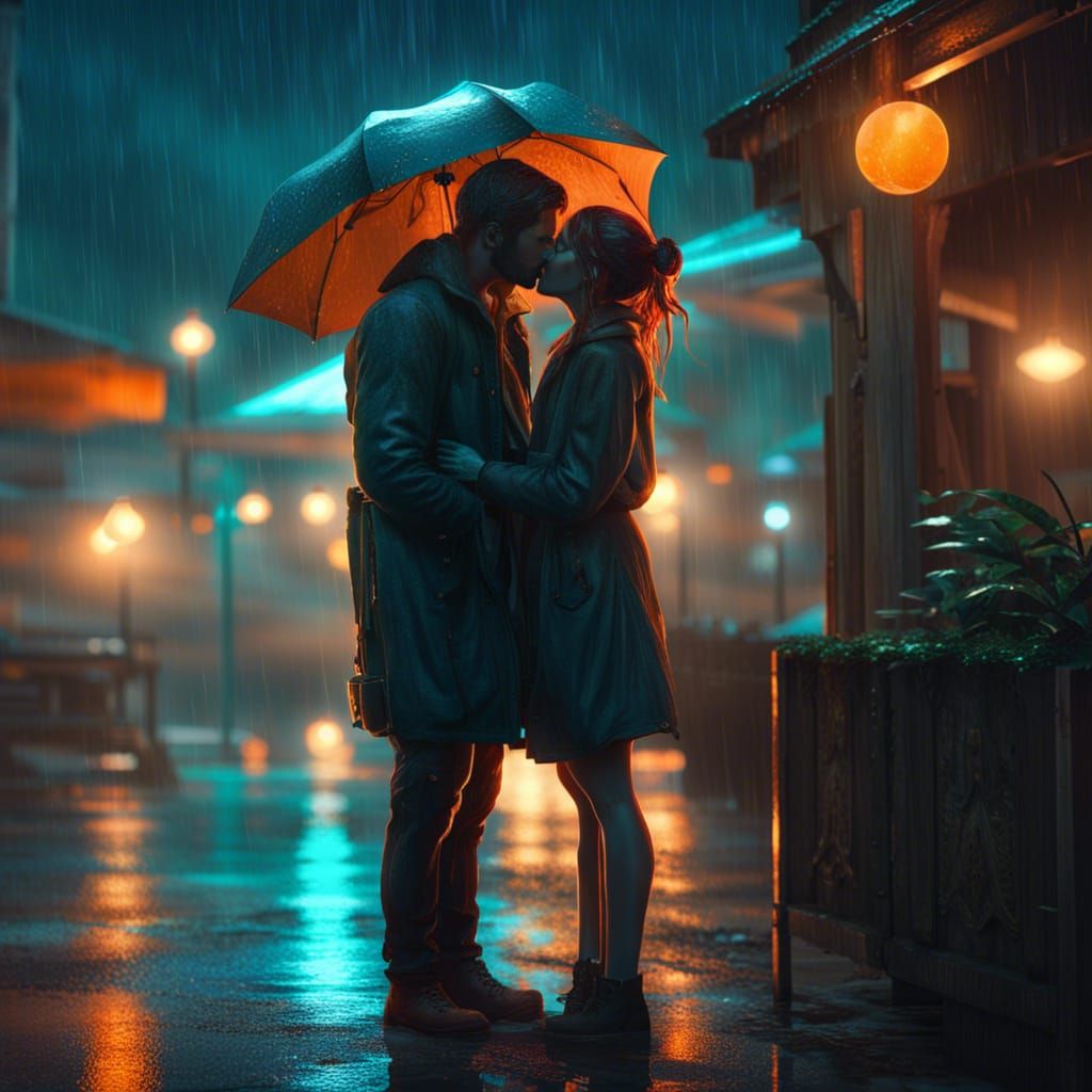 Passionate Couple Kissing in Rain, Digital Art