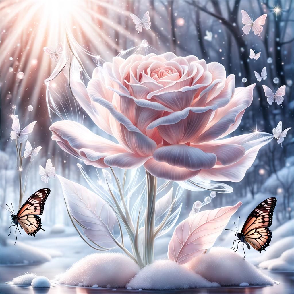 Crystalline Pink Rose with Butterflies in Winter