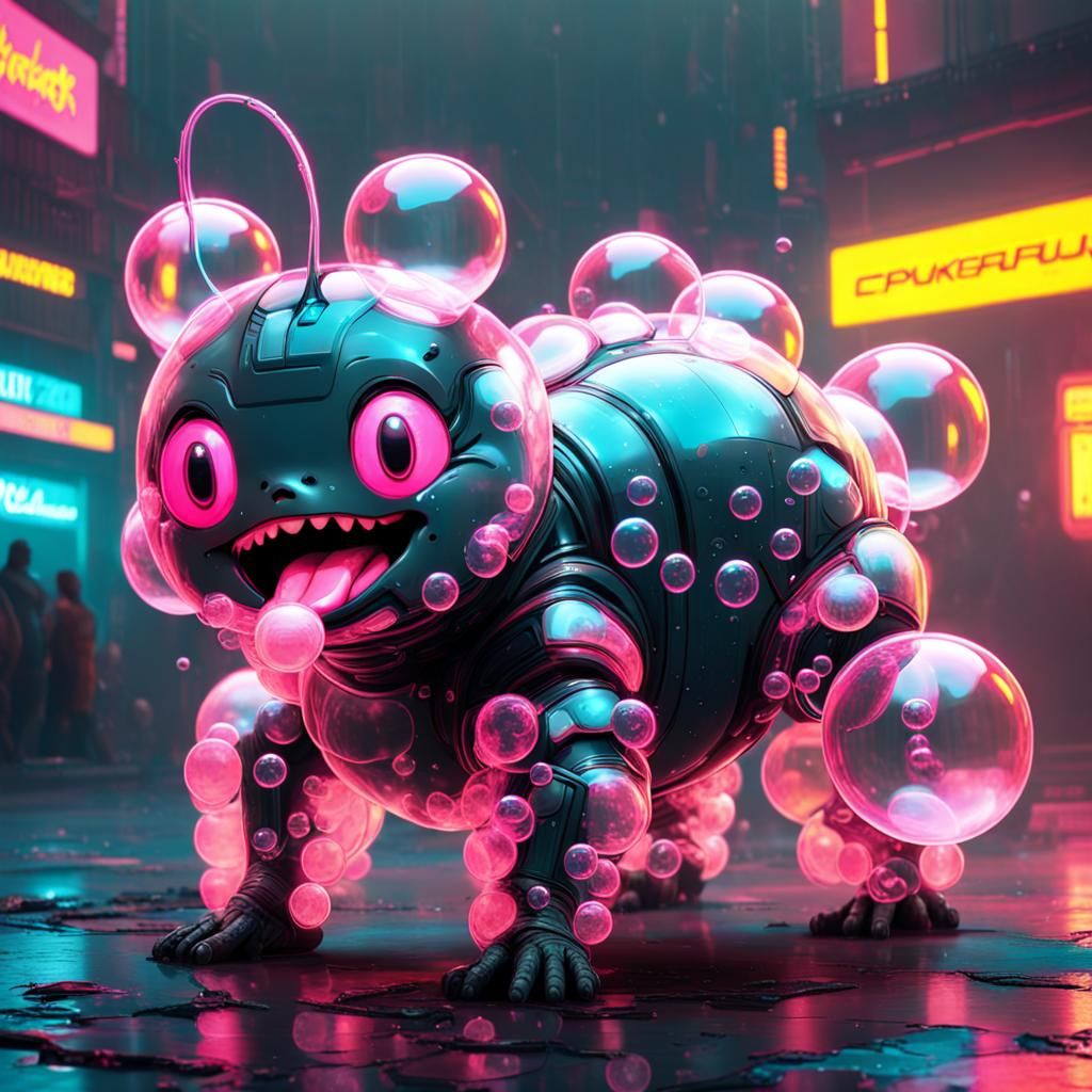 Neon Bubble Creature in Cyberpunk Style