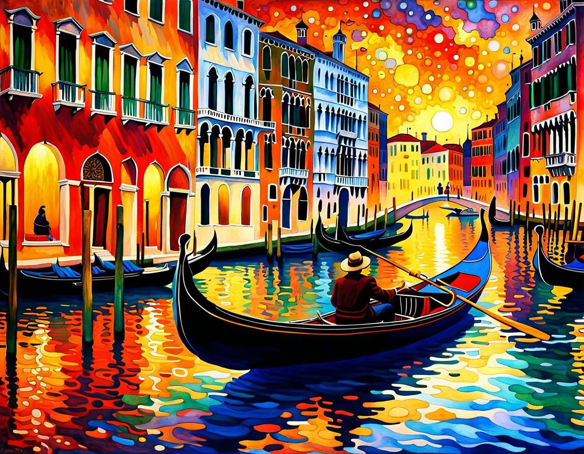 Venice Grand Canal Sunset: Painterly Stained Glass Style
