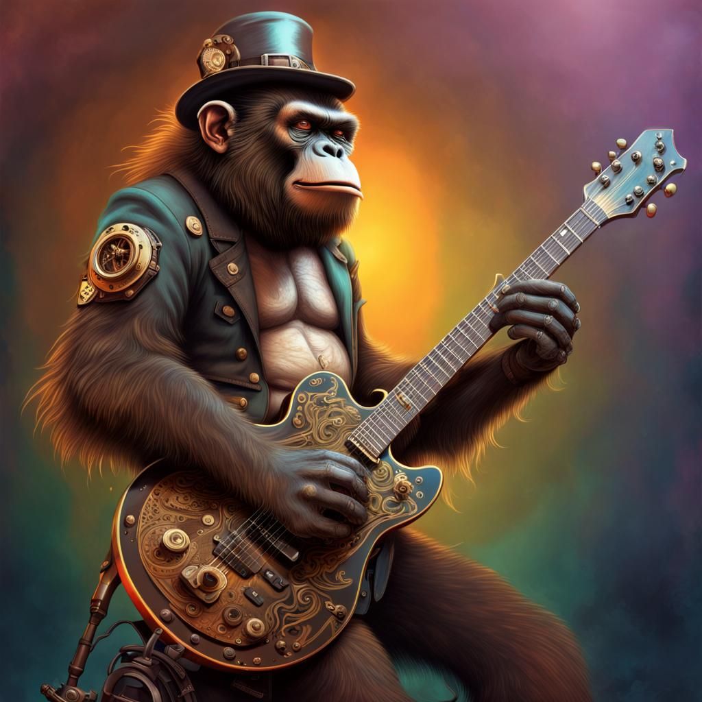 Steampunk Ape Rocks Out on Electric Guitar
