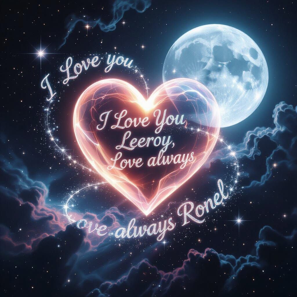 Cosmic Heart Nebula with Celestial Script and Moon