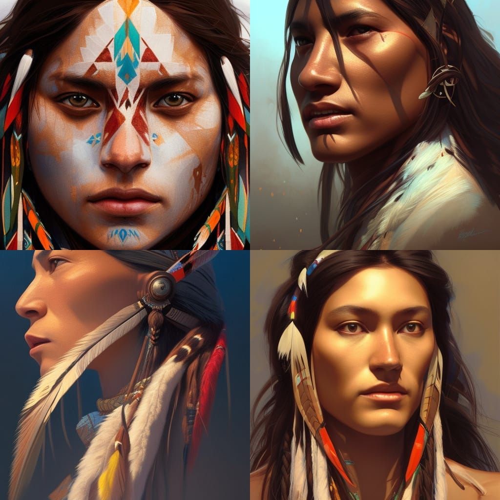 Detailed Portrait of Native American Lakota in Art Nouveau S...