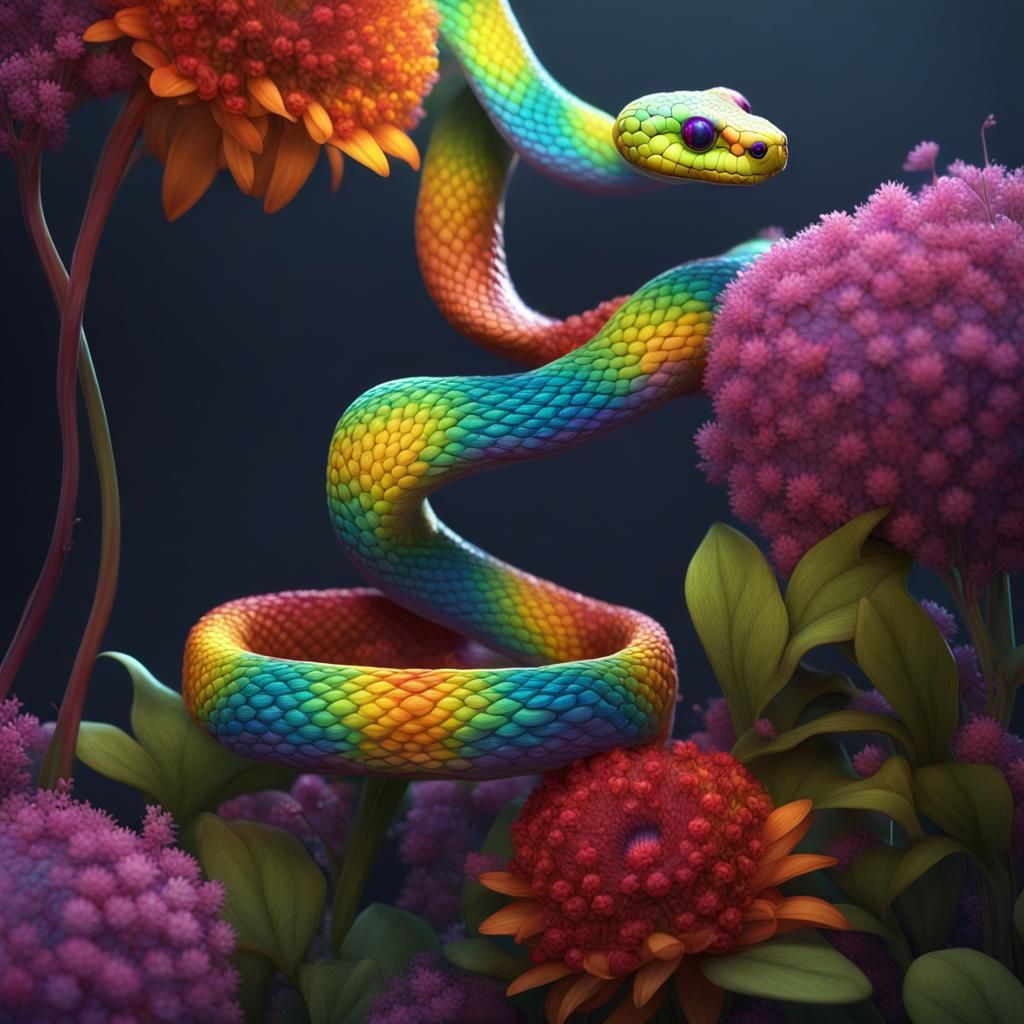 Rainbow Snake Flowers: Detailed Fantasy Art