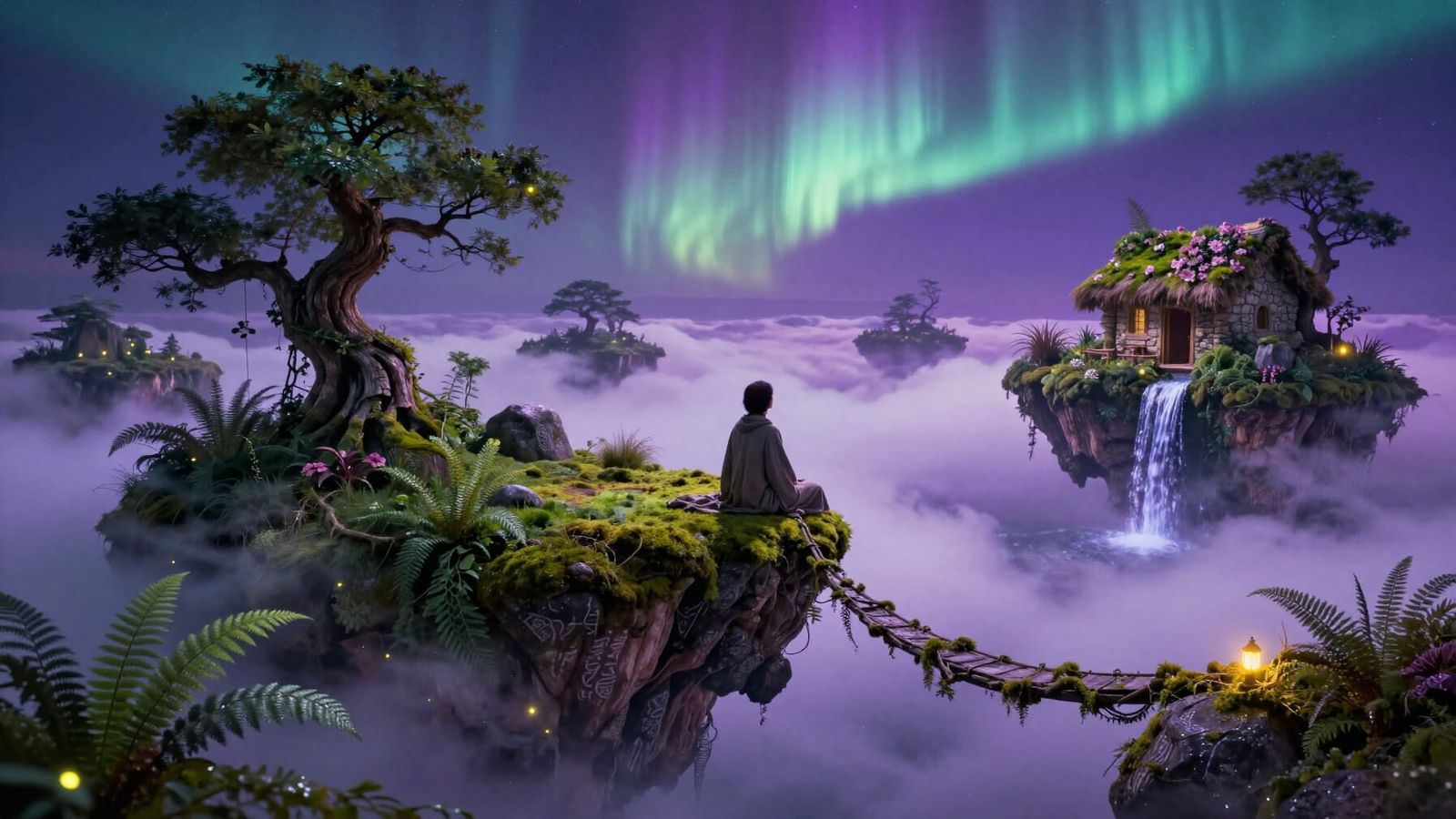 Floating Island Oasis with Traveler Amidst Aurora Clouds