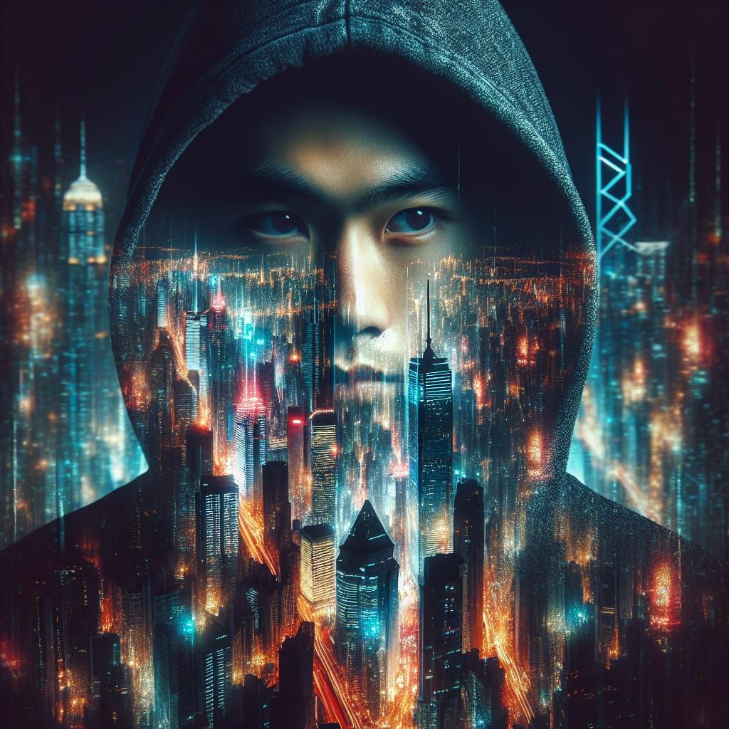 Double exposure of beautiful woman in a hoodie with a glowin...