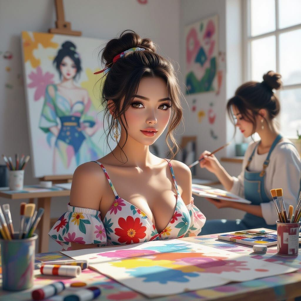 Anime Studio with Floating Woman's Head in Hyperrealism Styl...