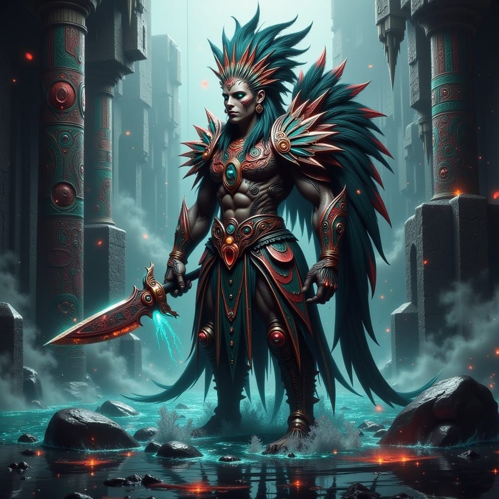 Cyberpunk Warrior in Aztec-Inspired Armor