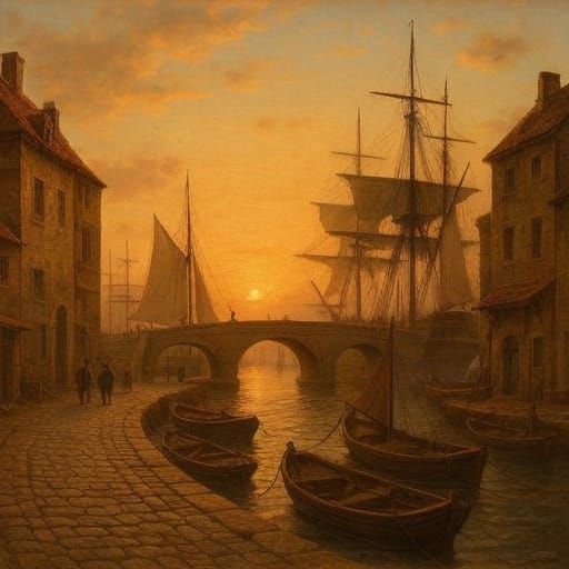 18th Century European Harbor at Sunset with Sailing Ships