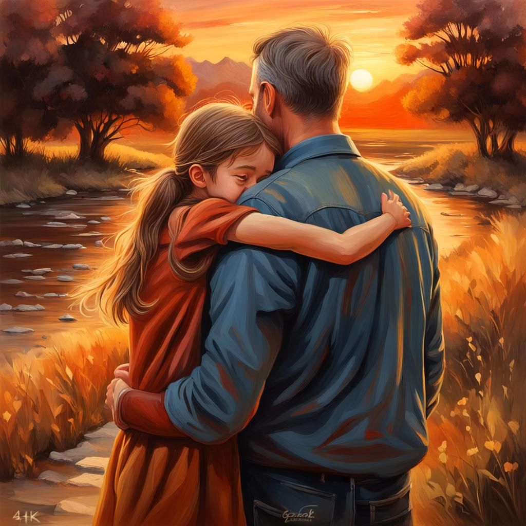 Heartwarming Oil Painting of Father and Daughter