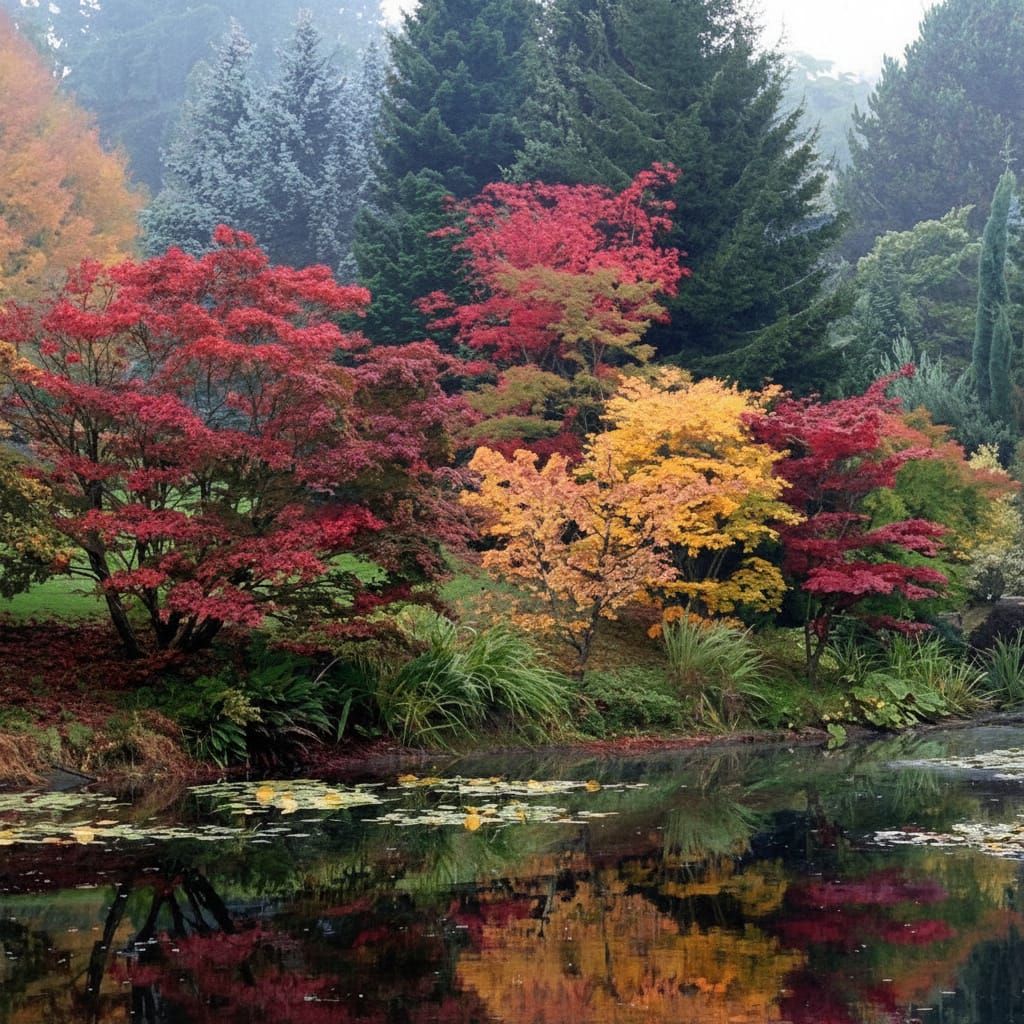 Vibrant Autumn Landscape Reflection in Gouache Style