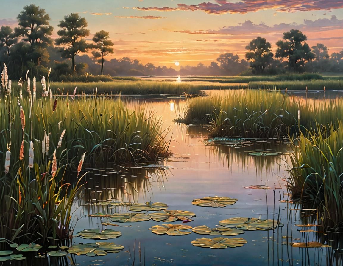 Mystical Marshland at Sunrise: Oil Painting