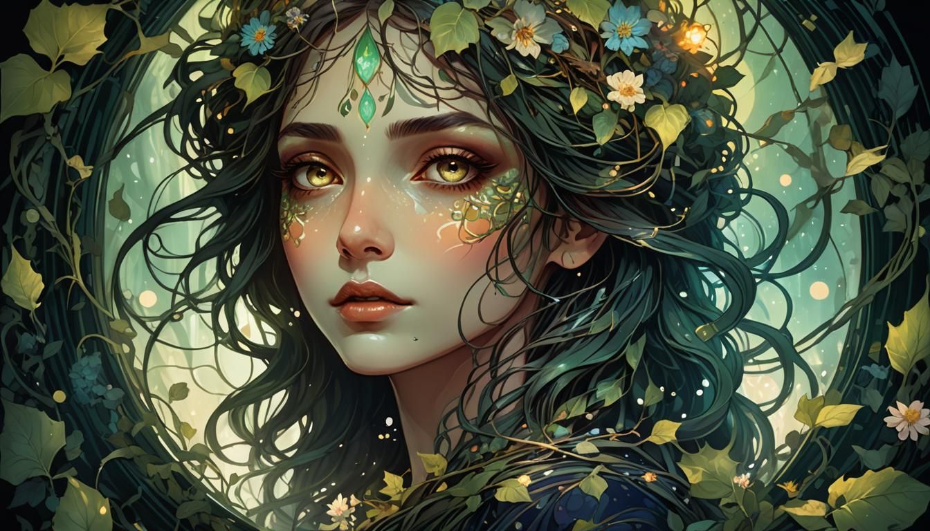 Ethereal Woman in Dark Enchanted Forest Art