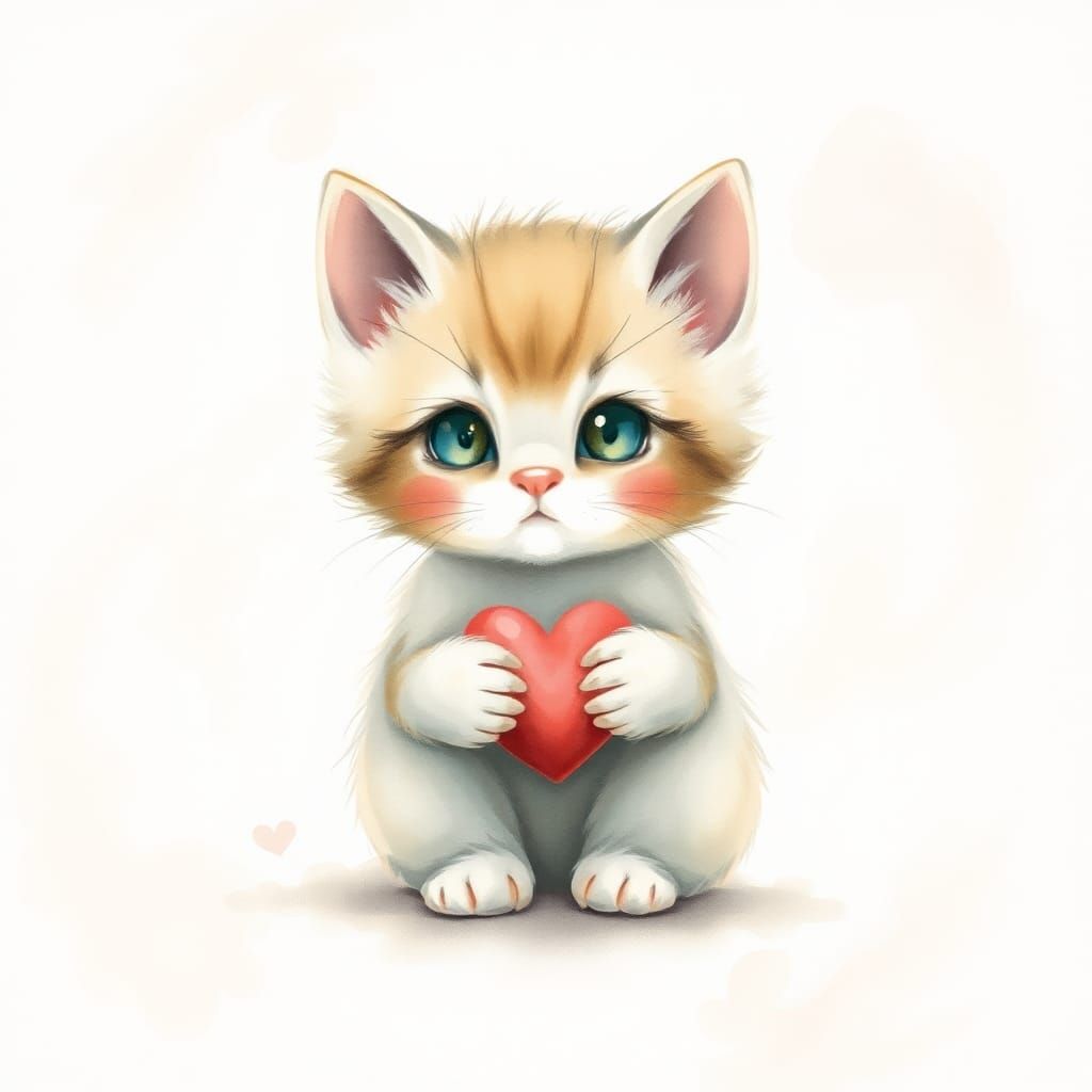 Kitten Holding a Heart