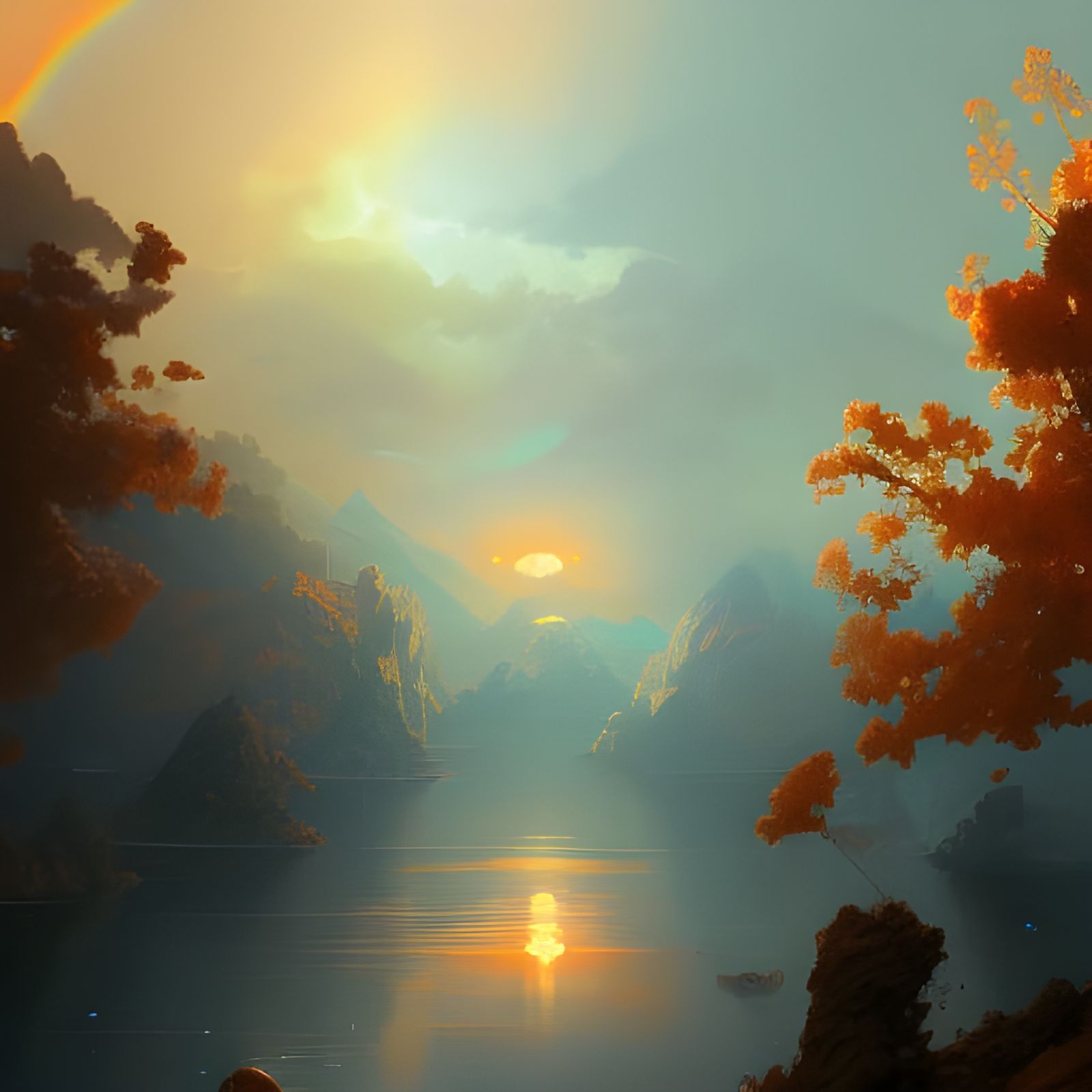 Rainbow Sky Ocean Sunset: Hyperdetailed Digital Art