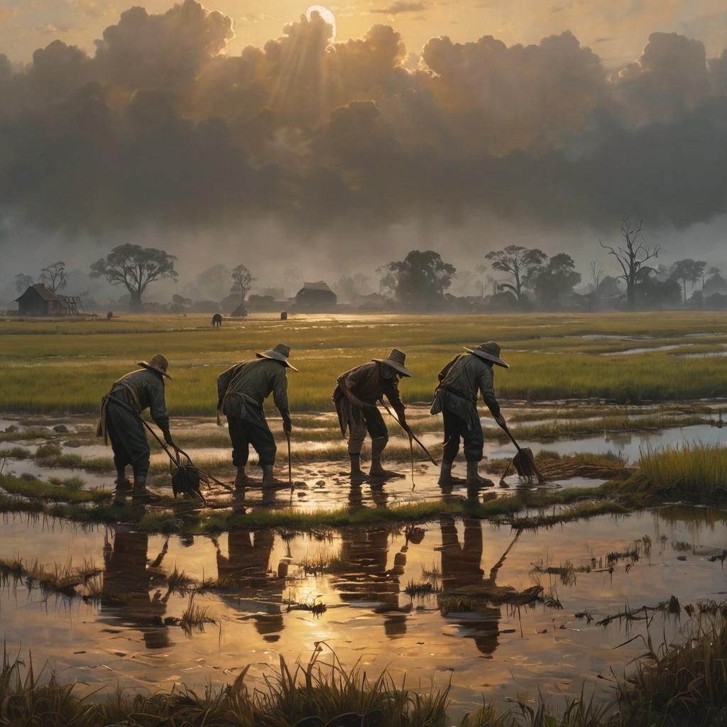 Hardworking Farmers in a Haunting Paddy Field Landscape