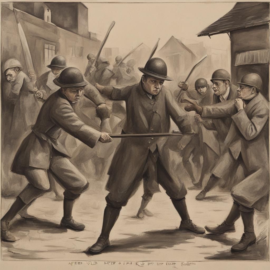 Women Brawl Outside Supermarket, in Expressionist Style