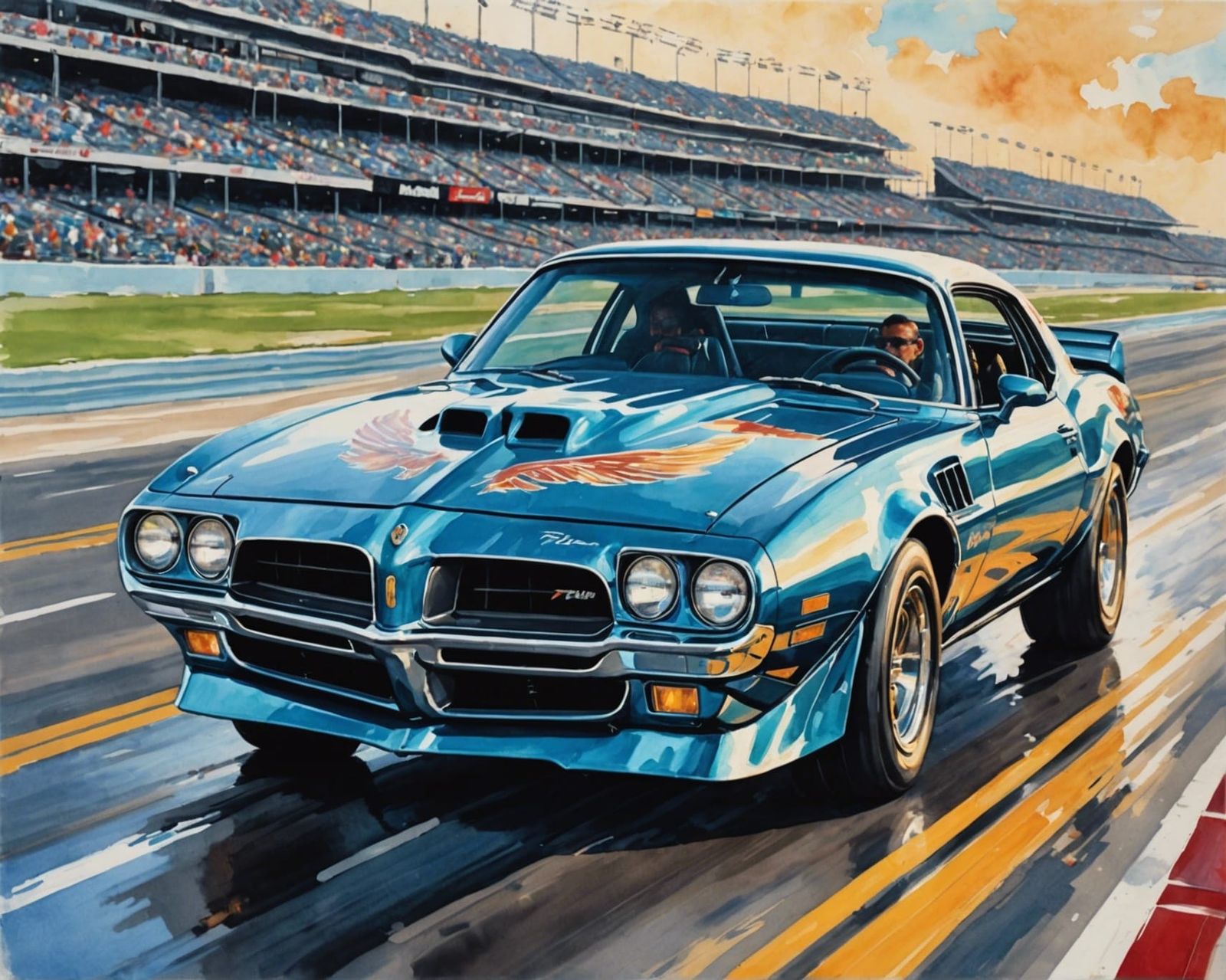 Pontiac Trans Am Races Daytona in Gouache Style