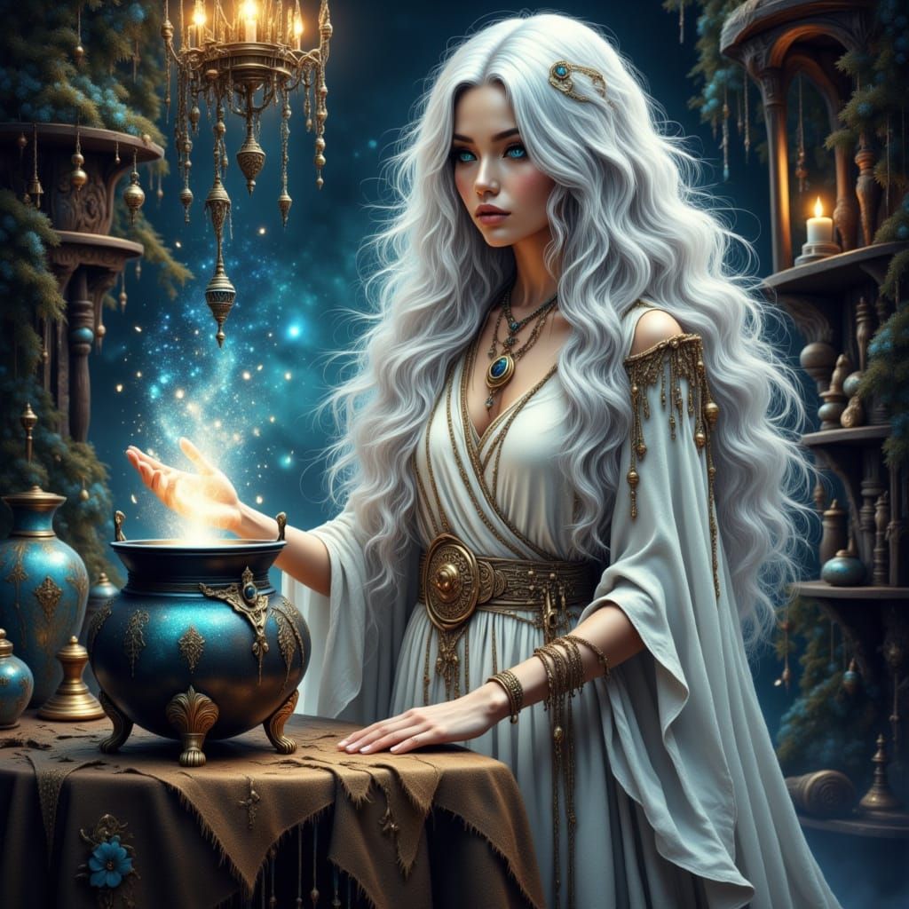 A gorgeous woman with long platinum hair and vibrant blue eyes stands in her magical potion room casting an ethereal mag...