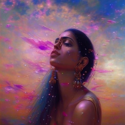 Surreal Indian Woman Floating in Dreamlike Sky