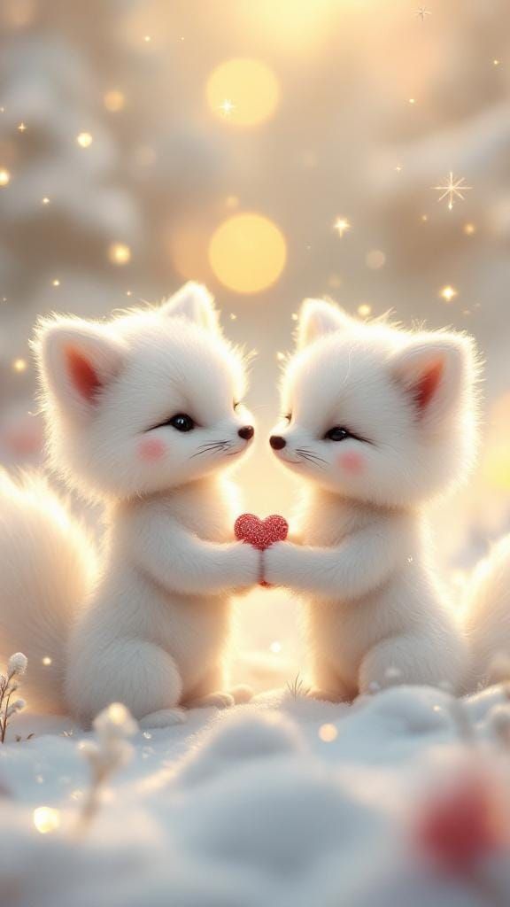 Animated Snow Foxes with Heart in Winter Landscape