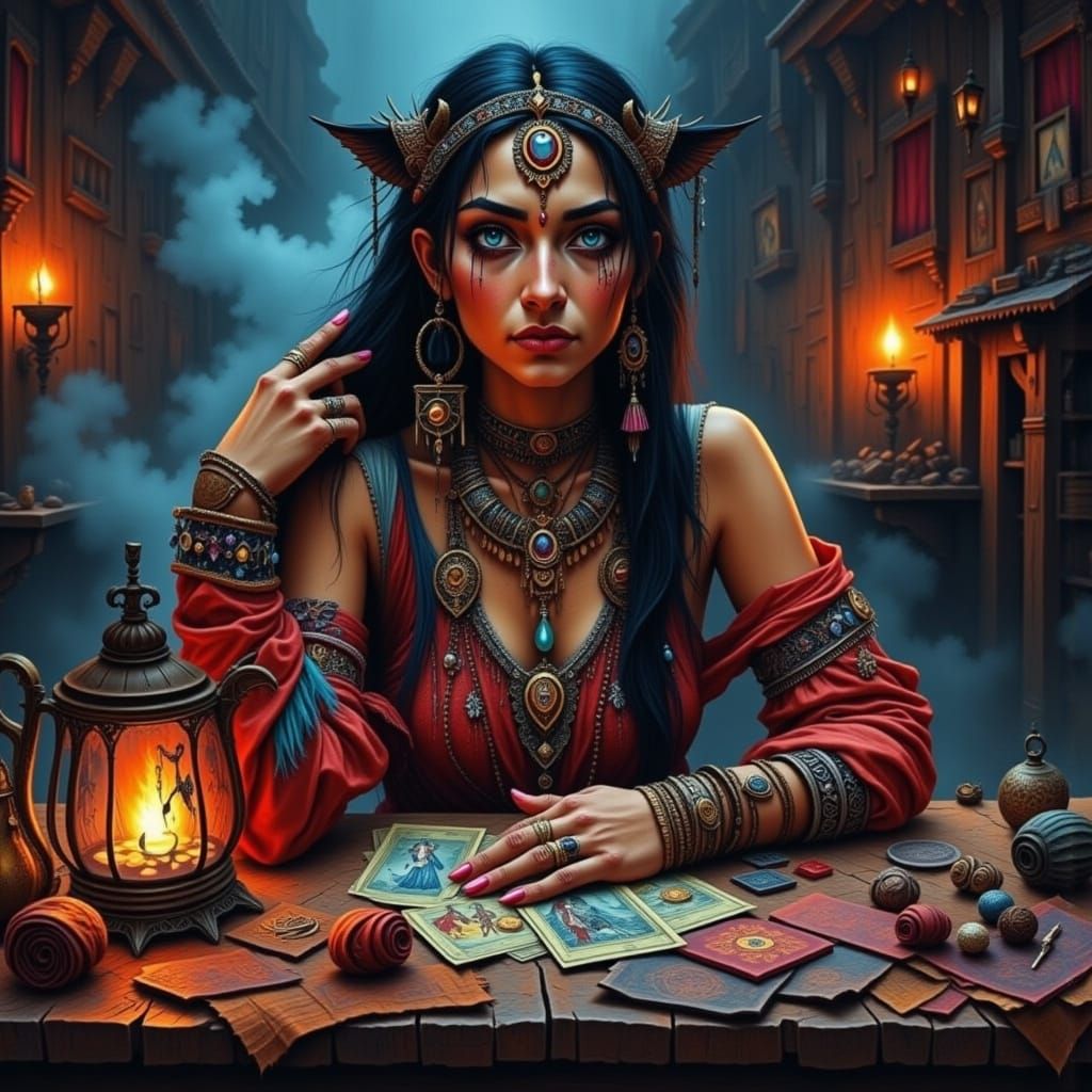Mystical Gypsy Tarot Card Reader, Detailed Mixed Media