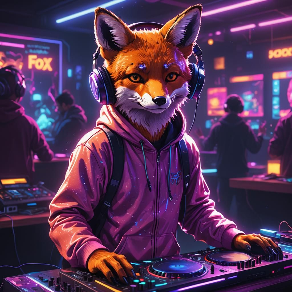 Fox DJ in Neon Nightclub: Vibrant Digital Art